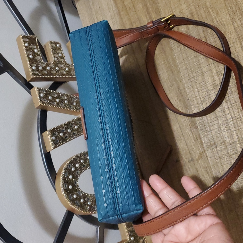 Fossil Fiona Teal Turquoise Woven Canvas Crossbody Purse Bag - Picture 10 of 14